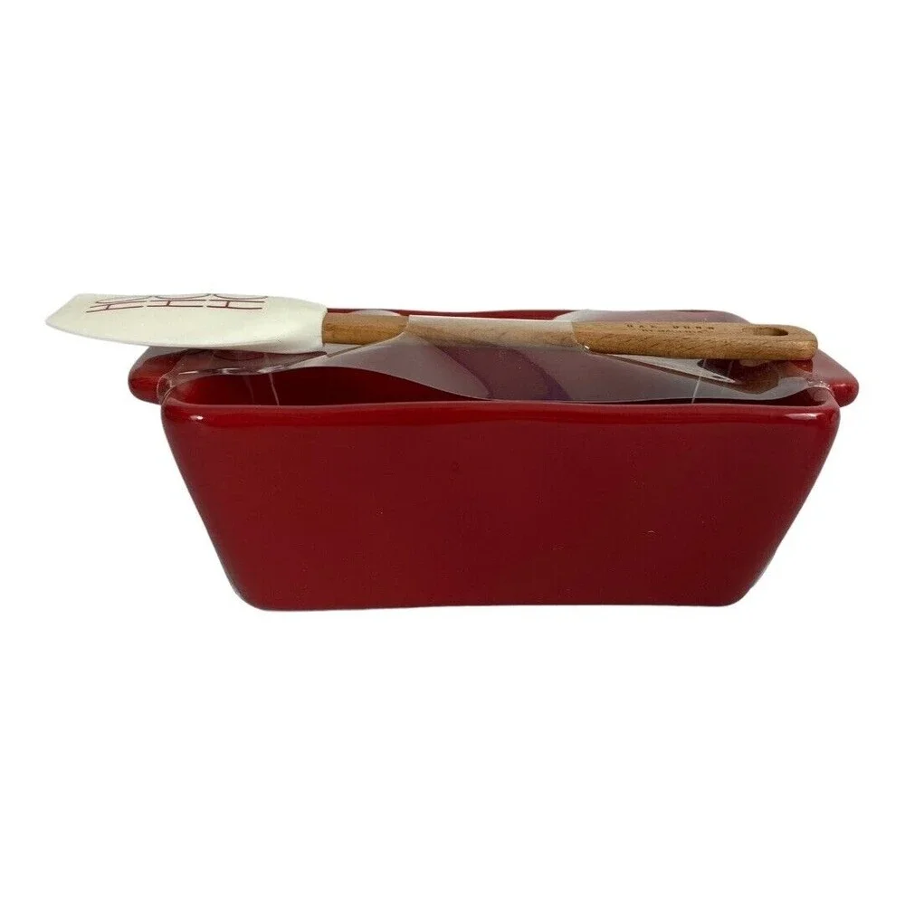 Rae Dunn Christmas JINGLE Mini Loaf Pan Baking Dish Red w/ Spatula Ho Ho Ho NEW